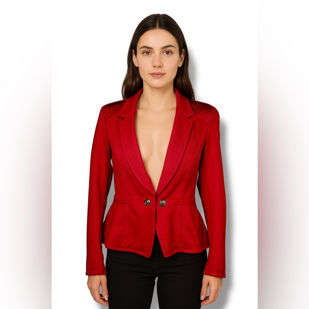 White House Black Market Womens Red Peplum Blazer Jacket Size 10 Gold Button